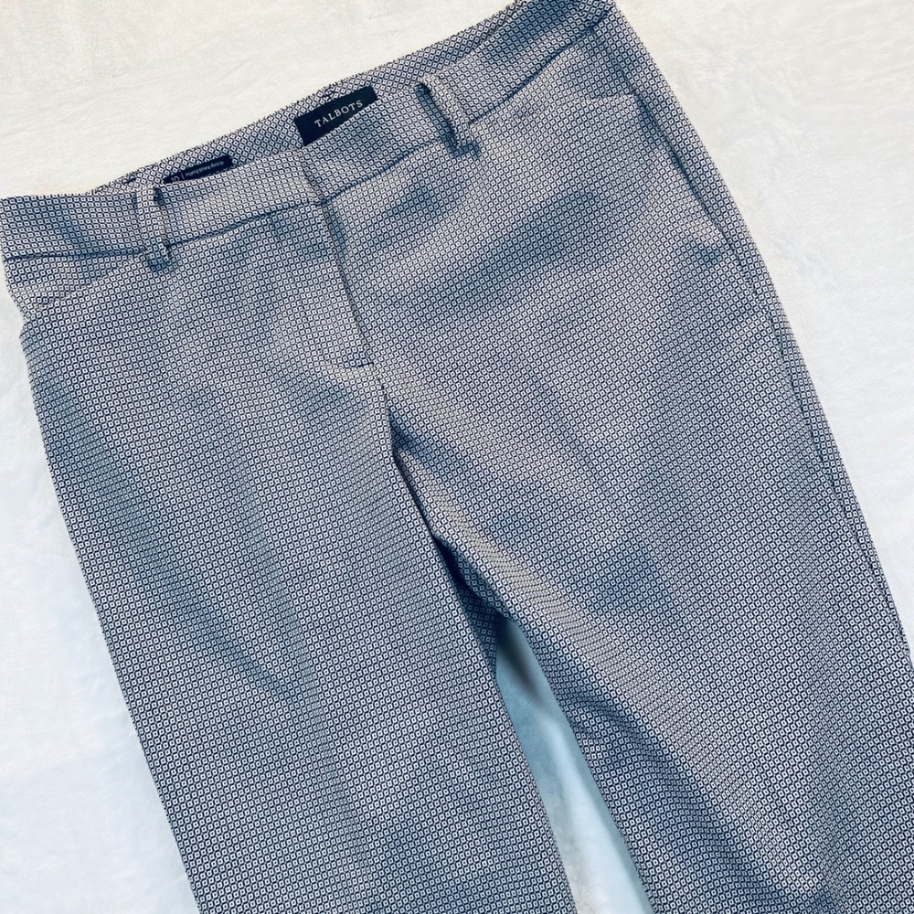 Talbots Hampshire Ankle Pants Womens 10 Navy Blue White Geometric Print Stretch